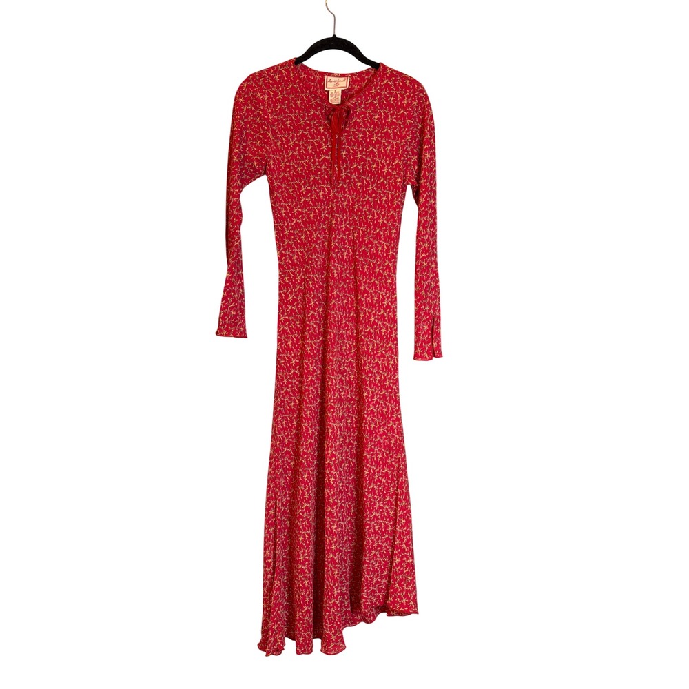 April Cornell Red Floral Rayon Maxi Dress Long Sleeve Tie Neck Cottagecore Small